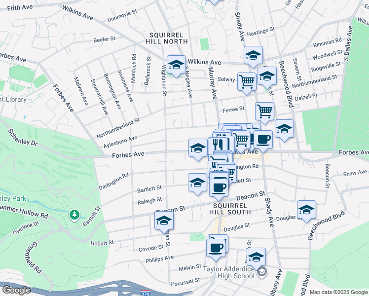 map of restaurants, bars, coffee shops, grocery stores, and more near 5640 Marlborough Avenue in Pittsburgh