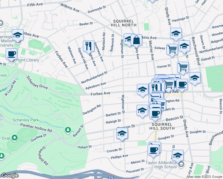 map of restaurants, bars, coffee shops, grocery stores, and more near 5533 Forbes Avenue in Pittsburgh
