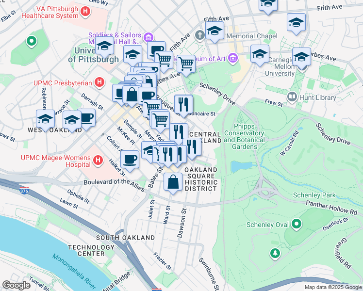 map of restaurants, bars, coffee shops, grocery stores, and more near 405 Oakland Avenue in Pittsburgh