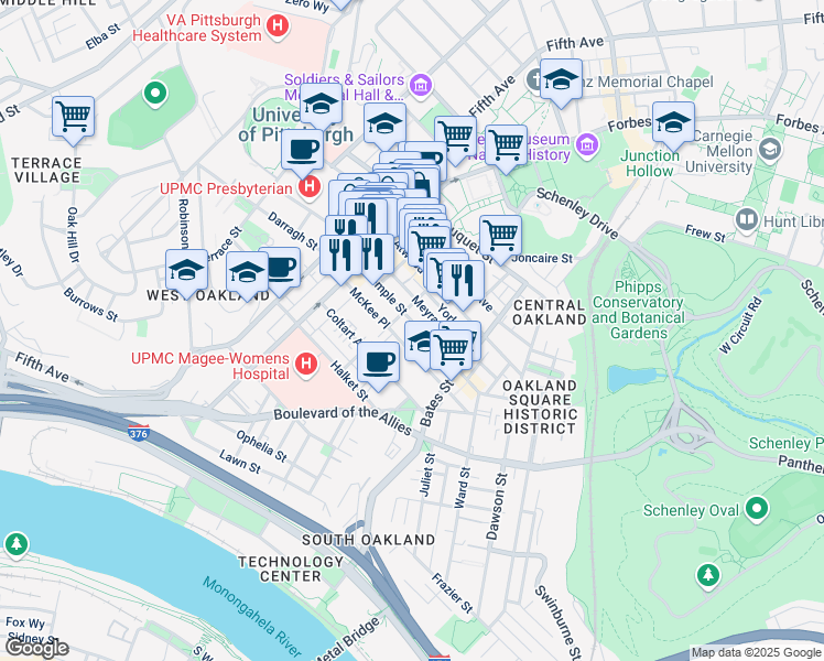 map of restaurants, bars, coffee shops, grocery stores, and more near 299 McKee Place in Pittsburgh