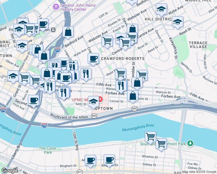 map of restaurants, bars, coffee shops, grocery stores, and more near 1516a Fifth Avenue in Pittsburgh