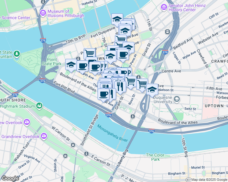 map of restaurants, bars, coffee shops, grocery stores, and more near in Pittsburgh