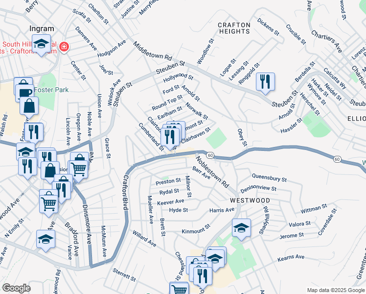 map of restaurants, bars, coffee shops, grocery stores, and more near 1277 Clairhaven Street in Pittsburgh