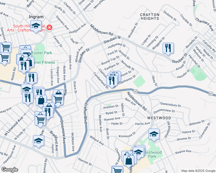map of restaurants, bars, coffee shops, grocery stores, and more near 107 Clairtonica Street in Pittsburgh