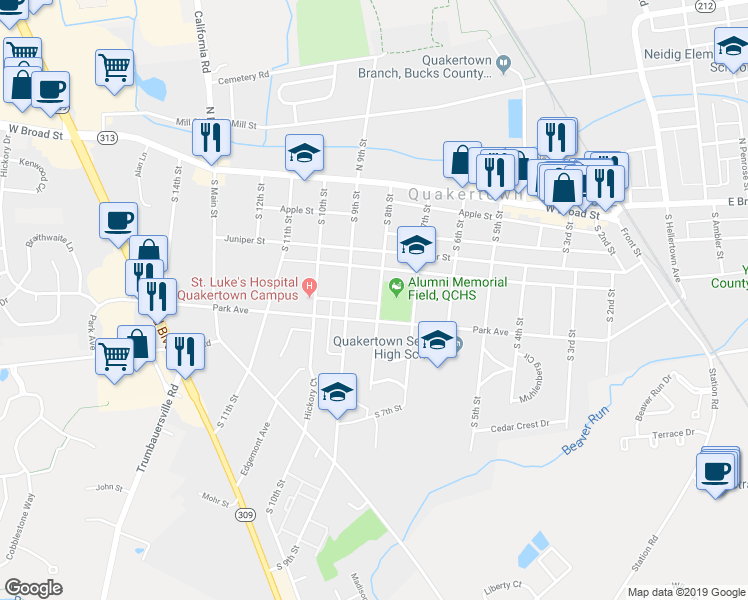 map of restaurants, bars, coffee shops, grocery stores, and more near 140 South 8th Street in Quakertown