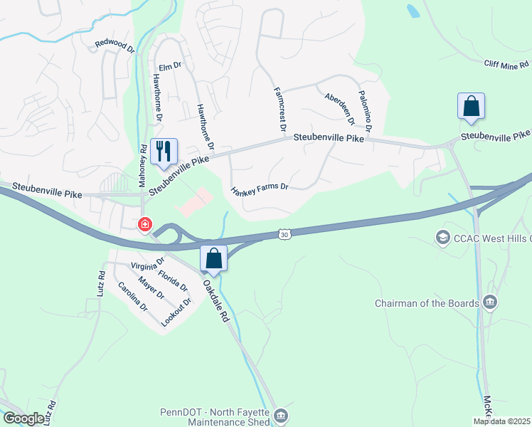 map of restaurants, bars, coffee shops, grocery stores, and more near 203 Chestershire Drive in Oakdale