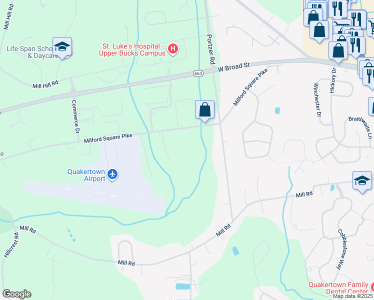 map of restaurants, bars, coffee shops, grocery stores, and more near 2525 Milford Square Pike in Quakertown