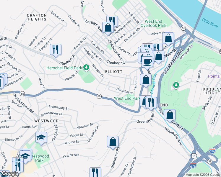 map of restaurants, bars, coffee shops, grocery stores, and more near 609 Herschel Street in Pittsburgh