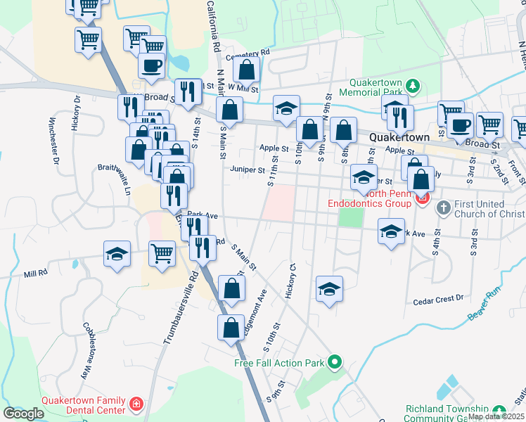 map of restaurants, bars, coffee shops, grocery stores, and more near 201 South 11th Street in Quakertown
