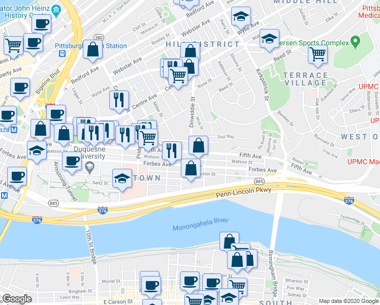 map of restaurants, bars, coffee shops, grocery stores, and more near Fifth Ave & Dinwiddie St in Pittsburgh