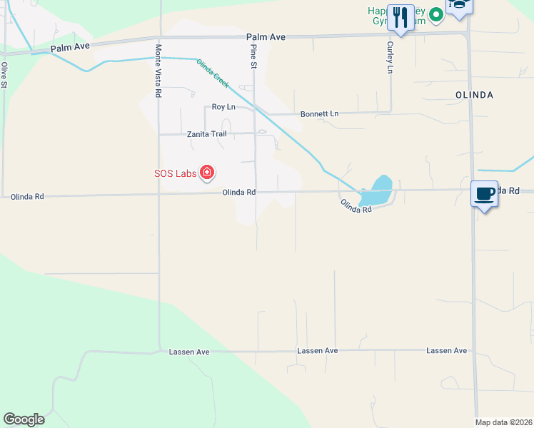 map of restaurants, bars, coffee shops, grocery stores, and more near 17173 Olinda Rd in Anderson