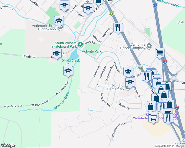map of restaurants, bars, coffee shops, grocery stores, and more near 1421 Pinon Avenue in Anderson