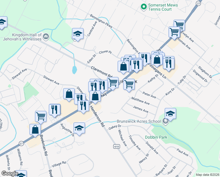 map of restaurants, bars, coffee shops, grocery stores, and more near 3055 New Jersey 27 in Franklin Township