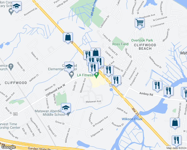 map of restaurants, bars, coffee shops, grocery stores, and more near 309 New Jersey 35 in Monmouth County