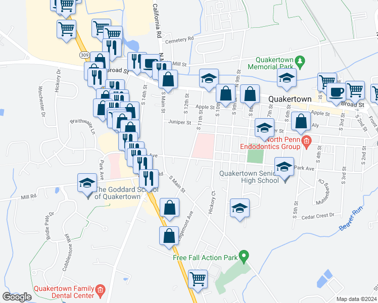 map of restaurants, bars, coffee shops, grocery stores, and more near 152 South 11th Street in Quakertown