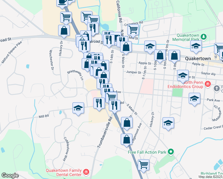 map of restaurants, bars, coffee shops, grocery stores, and more near 151 South 14th Street in Quakertown