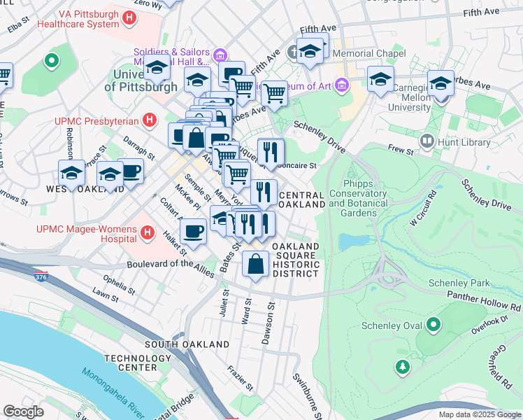 map of restaurants, bars, coffee shops, grocery stores, and more near 356 Atwood Street in Pittsburgh