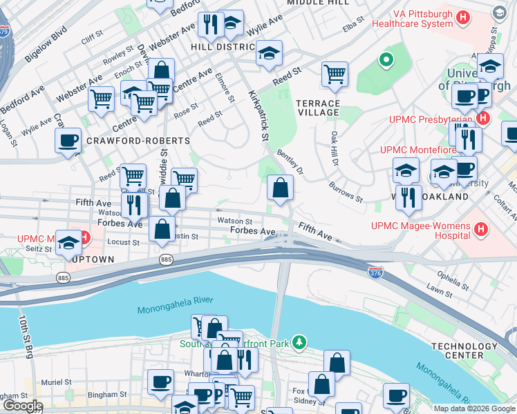 map of restaurants, bars, coffee shops, grocery stores, and more near 114 Moultrie Street in Pittsburgh