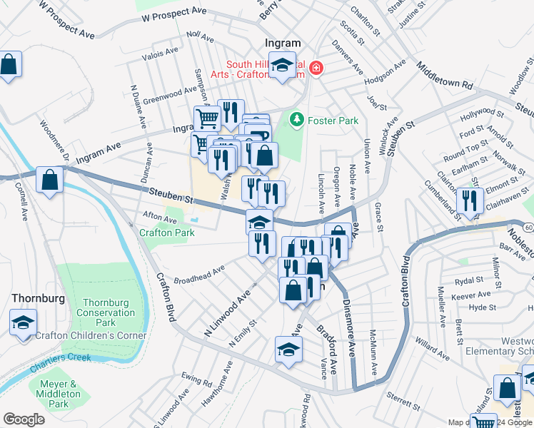 map of restaurants, bars, coffee shops, grocery stores, and more near 34 West Steuben Street in Pittsburgh
