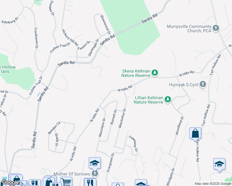 map of restaurants, bars, coffee shops, grocery stores, and more near 3545 N Hills Rd in Murrysville