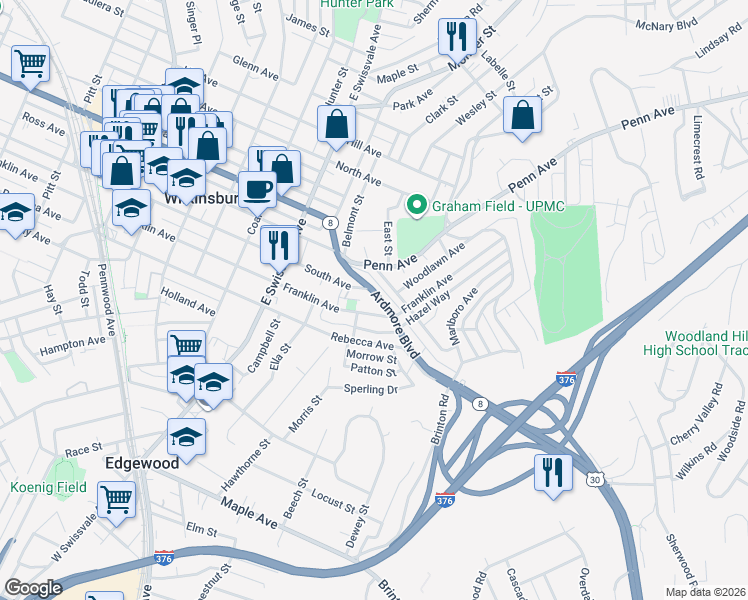 map of restaurants, bars, coffee shops, grocery stores, and more near 729 Ardmore Boulevard in Pittsburgh