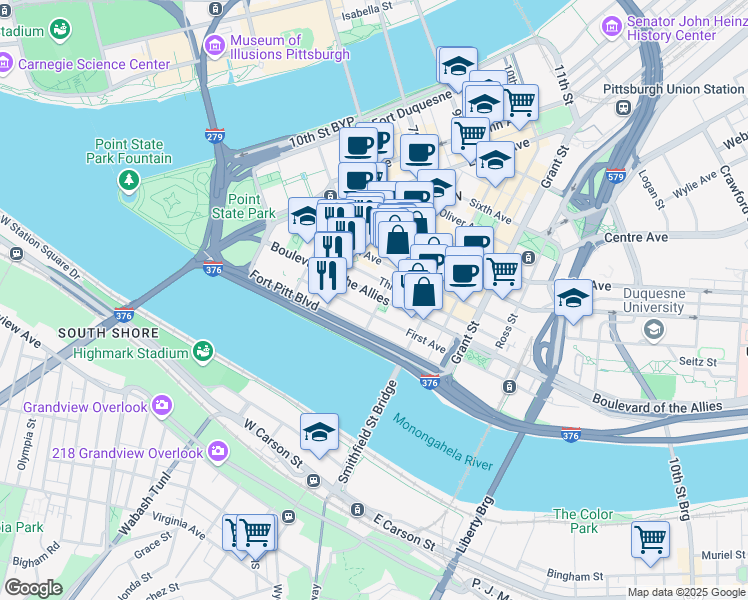 map of restaurants, bars, coffee shops, grocery stores, and more near 244 Boulevard of the Allies in Pittsburgh