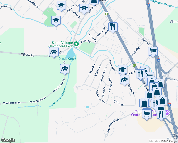 map of restaurants, bars, coffee shops, grocery stores, and more near 1394 Pinon Avenue in Anderson