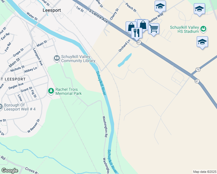 map of restaurants, bars, coffee shops, grocery stores, and more near 70 Orchard Lane in Leesport