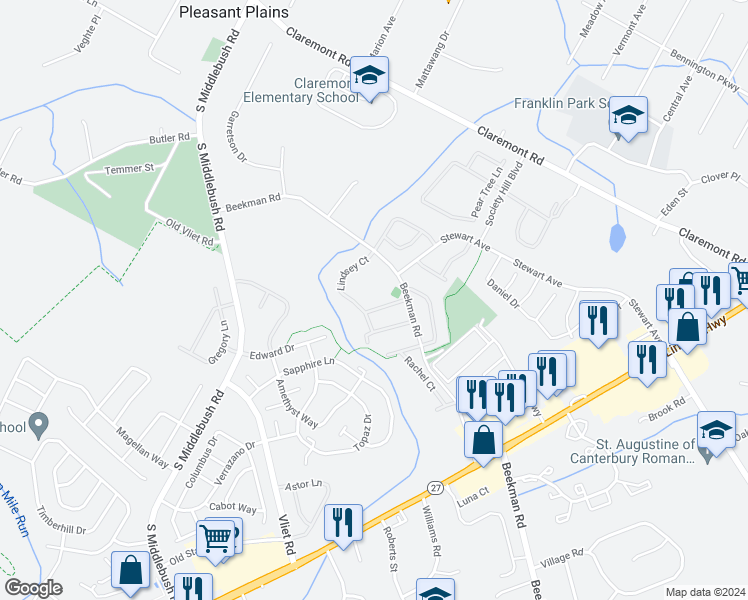 map of restaurants, bars, coffee shops, grocery stores, and more near 8 Bethany Court in Franklin Township