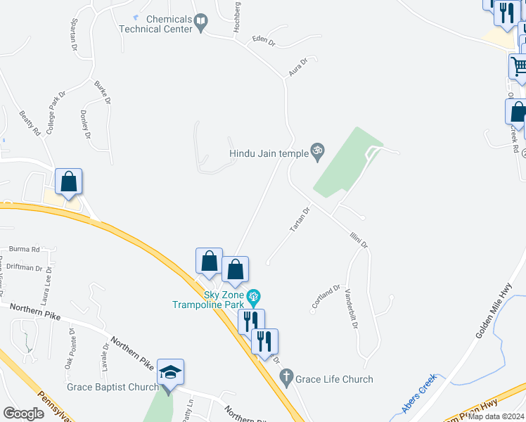 map of restaurants, bars, coffee shops, grocery stores, and more near 292 Elliott Road in Monroeville