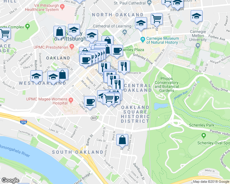 map of restaurants, bars, coffee shops, grocery stores, and more near 356 Atwood Street in Pittsburgh