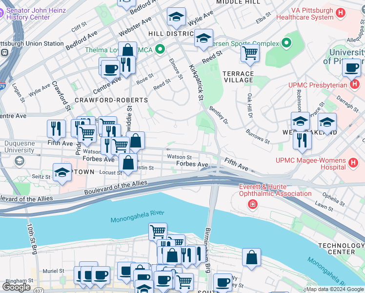 map of restaurants, bars, coffee shops, grocery stores, and more near 2029 De Ruad Street in Pittsburgh