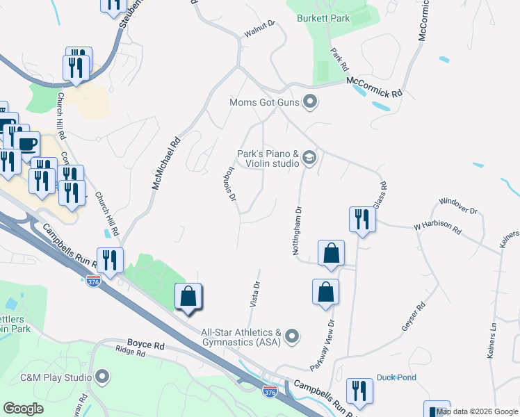 map of restaurants, bars, coffee shops, grocery stores, and more near 1143 Algonquin Drive in Pittsburgh