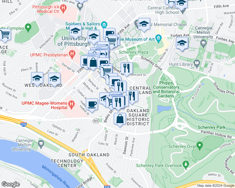 map of restaurants, bars, coffee shops, grocery stores, and more near 352 Atwood Street in Pittsburgh