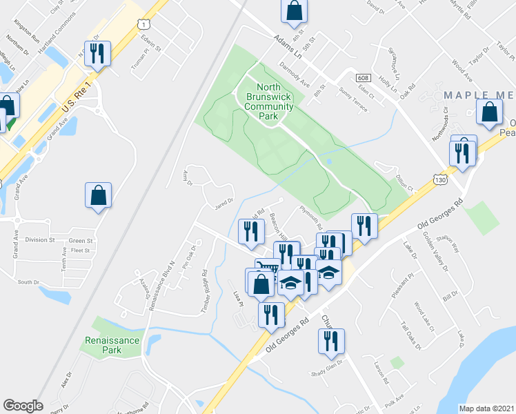 map of restaurants, bars, coffee shops, grocery stores, and more near 50 Springfield Road in North Brunswick Township