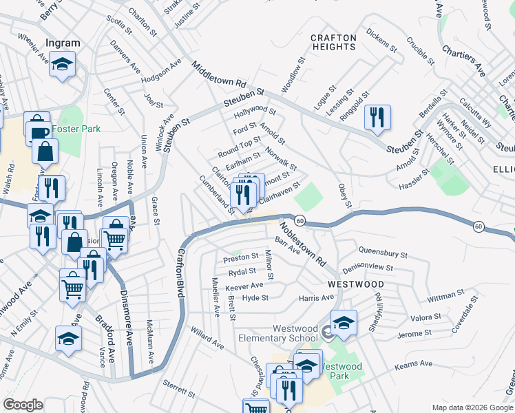 map of restaurants, bars, coffee shops, grocery stores, and more near 1291 Clairhaven Street in Pittsburgh