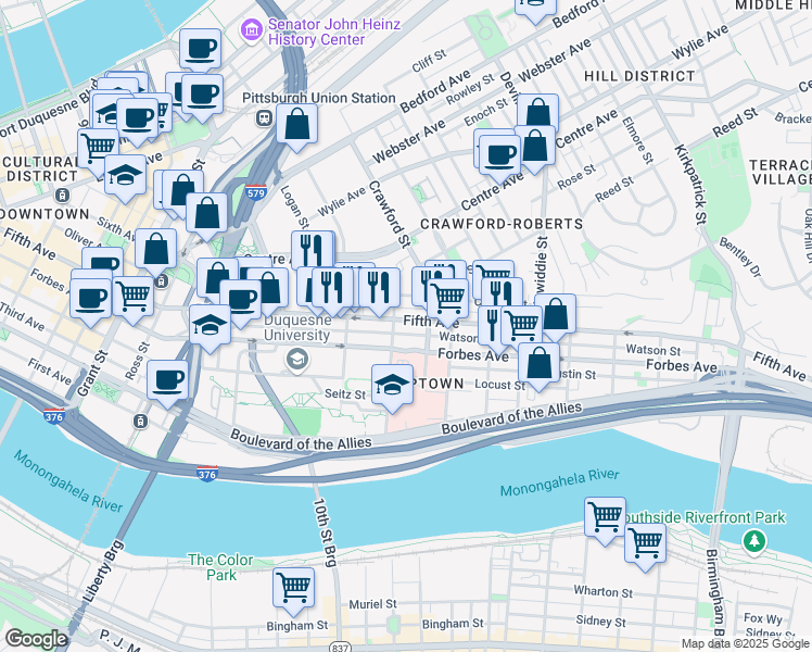 map of restaurants, bars, coffee shops, grocery stores, and more near 1410 Fifth Avenue in Pittsburgh
