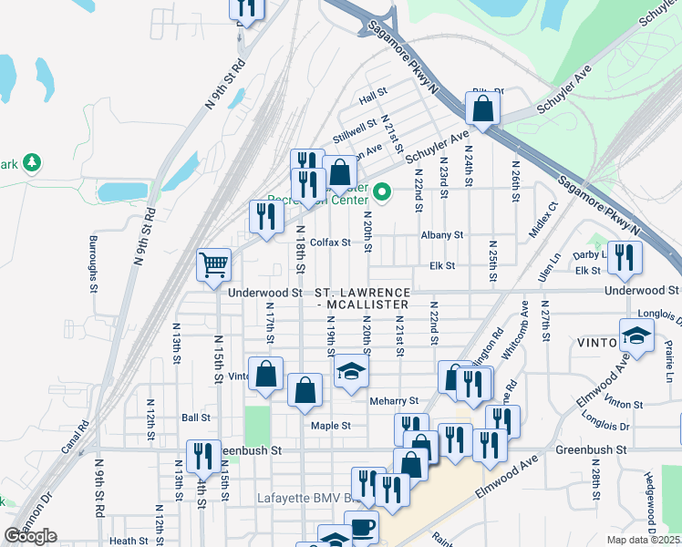 map of restaurants, bars, coffee shops, grocery stores, and more near 2119 North 19th Street in Lafayette