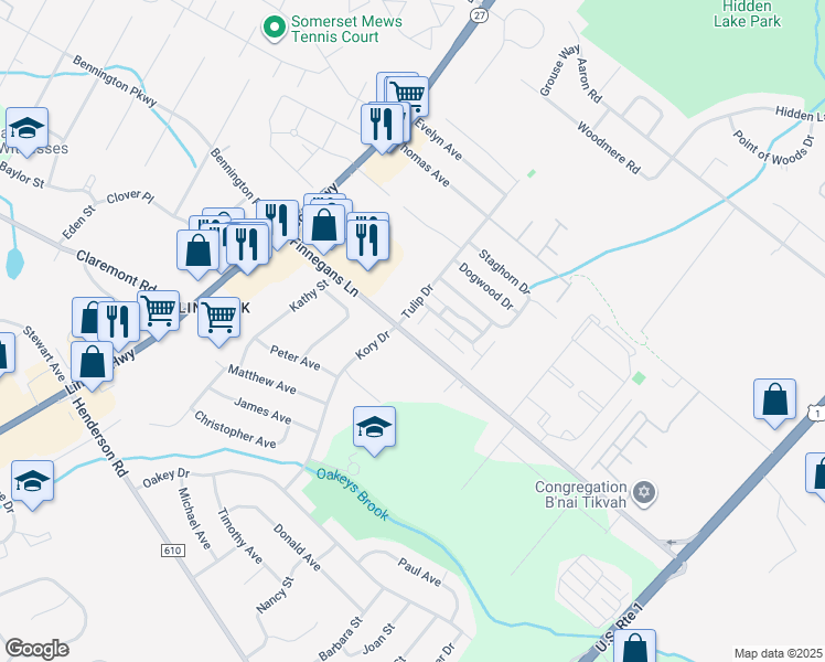 map of restaurants, bars, coffee shops, grocery stores, and more near 23 Aspen Drive in North Brunswick Township