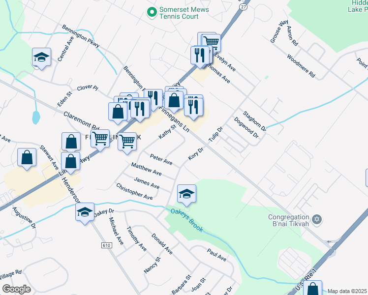 map of restaurants, bars, coffee shops, grocery stores, and more near 13 Karen Street in South Brunswick Township