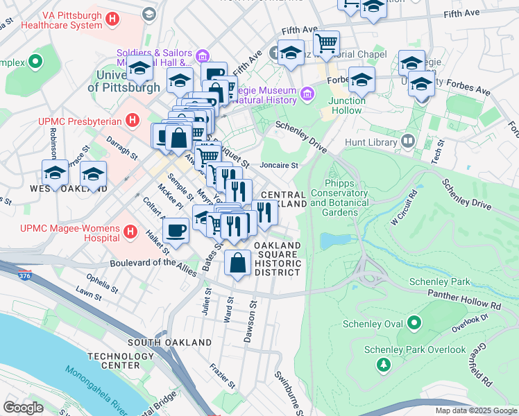 map of restaurants, bars, coffee shops, grocery stores, and more near 405 Oakland Avenue in Pittsburgh