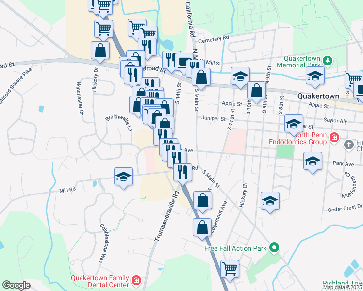 map of restaurants, bars, coffee shops, grocery stores, and more near 151 South 14th Street in Quakertown