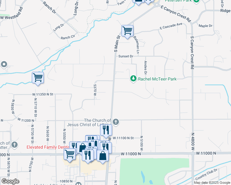 map of restaurants, bars, coffee shops, grocery stores, and more near 11400 Alpine Highway in Highland