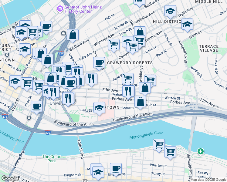 map of restaurants, bars, coffee shops, grocery stores, and more near 1516a Fifth Avenue in Pittsburgh