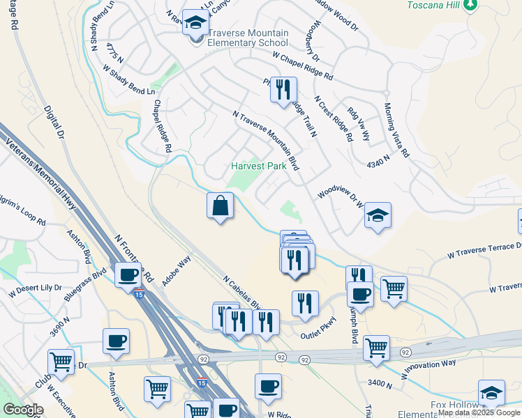 map of restaurants, bars, coffee shops, grocery stores, and more near 2301 Cresthaven Lane in Lehi