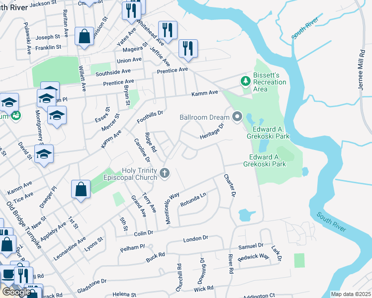 map of restaurants, bars, coffee shops, grocery stores, and more near 4 Congress Lane in South River