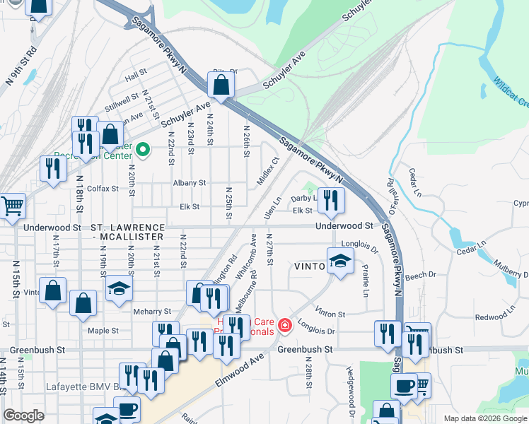 map of restaurants, bars, coffee shops, grocery stores, and more near 2106 Ulen Lane in Lafayette