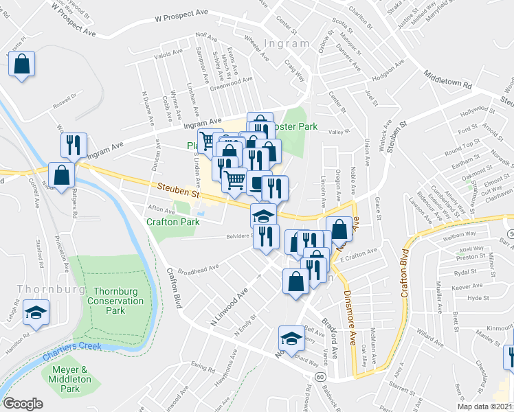 map of restaurants, bars, coffee shops, grocery stores, and more near 66 West Steuben Street in Pittsburgh
