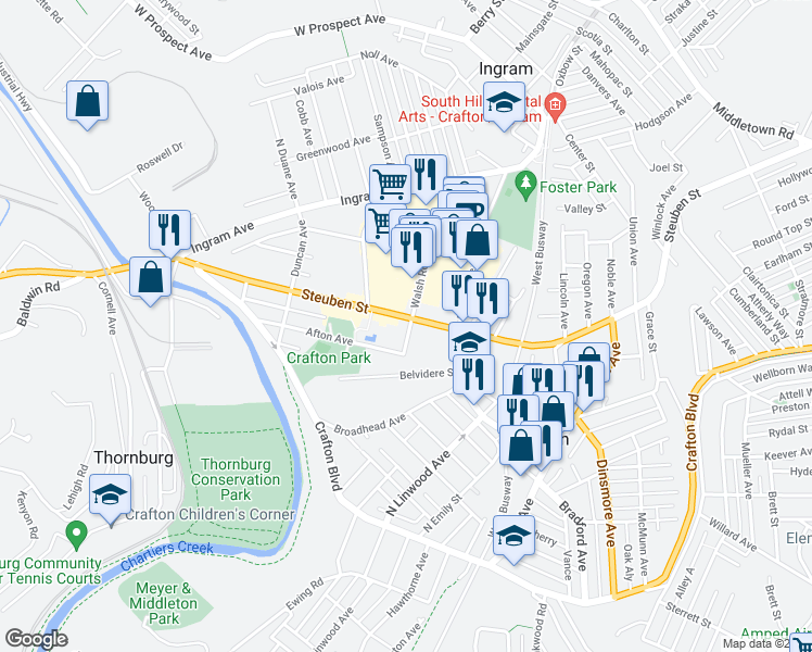map of restaurants, bars, coffee shops, grocery stores, and more near 101 West Steuben Street in Pittsburgh