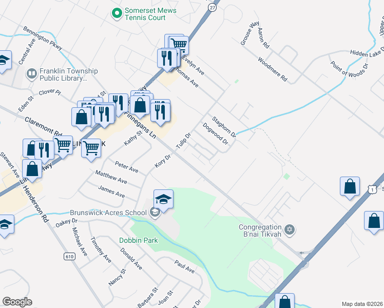 map of restaurants, bars, coffee shops, grocery stores, and more near 51 Aspen Dr in North Brunswick Township